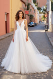 Ivory V Neck Tulle A Line Wedding Dress
