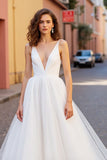 Ivory V Neck Tulle A Line Wedding Dress