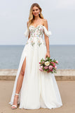 Off The Shoulder Floral A Line Long Wedding Dress With Slit