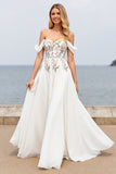 Off The Shoulder Floral A Line Long Wedding Dress With Slit