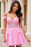 Cold Shoulder Pink Corset Appliqued Homecoming Dress