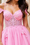 Cold Shoulder Pink Corset Appliqued Homecoming Dress