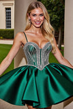 Dark Green Satin A Line Beaded Homecoming Dress