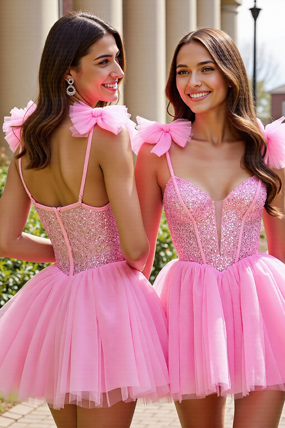 Berylove Women Sparkly Homecoming Dress Pink Sequin A Line Spaghetti Straps Cocktail Dress with Bows Berylove Women Sparkly Homecoming Dress Pink Sequin A Line Spaghetti Straps Cocktail Dress with Bows