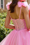 Sparkly Pink A Line Homecoming Dress with Bows