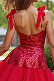 Sparkly Dark Red Sequin Homecoming Dress with Bows
