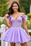Cold Shoulder Lavender Appliqued Homecoming Dress
