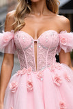 Corset Off The Shoulder Blush Homecoming Dress with 3D Flowers