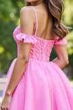 Off The Shoulder Pink Corset Appliqued Homecoming Dress