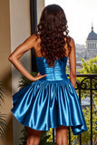 Strapless Blue Satin A Line Homecoming Dress