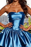 Strapless Blue Satin A Line Homecoming Dress