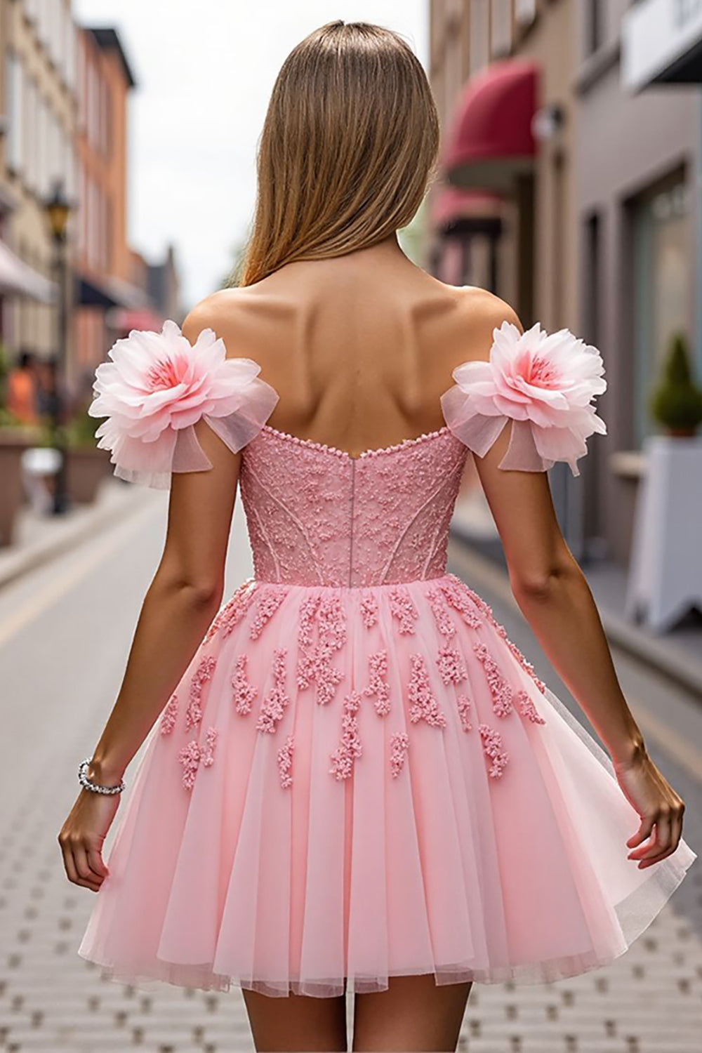 Berylove Women Blush Homecoming Dress Off The Shoulder Corset Appliqued A Line Cocktail Dress with 3D Flowers, Blush / US18W Berylove Women Blush Homecoming Dress Off The Shoulder Corset Appliqued A Line Cocktail Dress with 3D Flowers, Blush / US18W