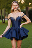 Corset Navy Satin Appliqued Homecoming Dress
