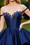 Corset Navy Satin Appliqued Homecoming Dress