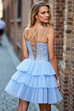 Tiered Sky Blue A Line Homecoming Dress with Appliques