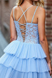 Tiered Sky Blue A Line Homecoming Dress with Appliques