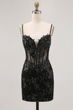 Dark Green Sequined Bodycon Corset Homecoming Dress with Appliques
