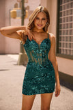 Dark Green Sequined Bodycon Corset Homecoming Dress with Appliques