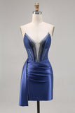 Navy Satin Beaded Corset Homecoming Dress