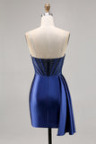 Navy Satin Beaded Corset Homecoming Dress