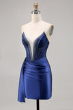 Navy Satin Beaded Corset Homecoming Dress