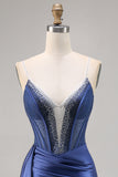 Navy Satin Beaded Corset Homecoming Dress