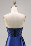 Navy Satin Beaded Corset Homecoming Dress