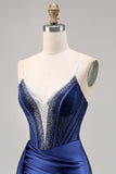 Navy Satin Beaded Corset Homecoming Dress