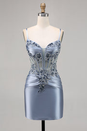 Grey Blue Appliqued Corset Satin Homecoming Dress