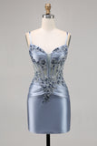 Grey Blue Appliqued Corset Satin Homecoming Dress