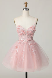 Pink Corset A Line Homecoming Dress with 3D Flowers