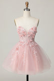 Pink A Line Tulle Corset Homecoming Dress with 3D Flowers