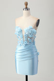 Sky Blue Satin Bodycon Strapless Homecoming Dress with Appliques