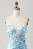 Sky Blue Satin Bodycon Strapless Homecoming Dress with Appliques