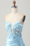 Sky Blue Satin Bodycon Strapless Homecoming Dress with Appliques