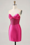 Strapless Fuchsia Corset Homecoming Dress with Beading