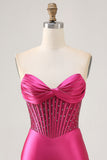 Strapless Fuchsia Corset Homecoming Dress with Beading