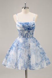 White Blue Flower A Line Corset Homecoming Dress