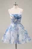 White Blue Flower A Line Corset Homecoming Dress
