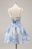 White Blue Flower A Line Corset Homecoming Dress