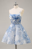 White Blue Flower A Line Corset Homecoming Dress