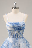 White Blue Flower A Line Corset Homecoming Dress