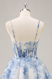White Blue Flower A Line Corset Homecoming Dress