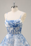 White Blue Flower A Line Corset Homecoming Dress