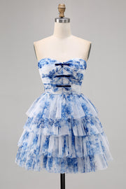 A Line Strapless Tiered White Blue Flower Homecoming Dress with Lace Up Back