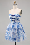 A Line Strapless Tiered White Blue Flower Homecoming Dress with Lace Up Back