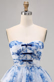 A Line Strapless Tiered White Blue Flower Homecoming Dress with Lace Up Back