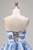 A Line Strapless Tiered White Blue Flower Homecoming Dress with Lace Up Back