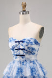 A Line Strapless Tiered White Blue Flower Homecoming Dress with Lace Up Back