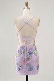 Floral Bodycon Sequin Pink Homecoming Dress with Lace-up Back